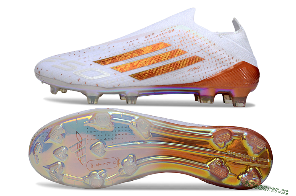Men's Adidas F50 Pro Laceless FG Firm Ground Low-Tops Football Boots - White/Amber Glow/Rose Gold 1