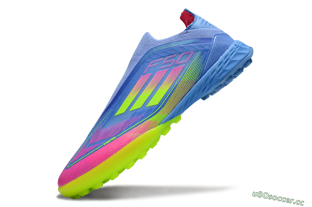 Unisex Adidas F50 Pro Laceless TF Artificial Turf Low-Tops Football Shoes - Blue/Neon Green/Fluorescent Pink 5