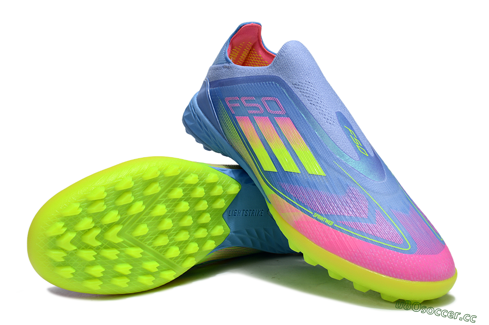Unisex Adidas F50 Pro Laceless TF Artificial Turf Low-Tops Football Shoes - Blue/Neon Green/Fluorescent Pink 3