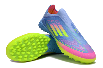 Unisex Adidas F50 Pro Laceless TF Artificial Turf Low-Tops Football Shoes - Blue/Neon Green/Fluorescent Pink