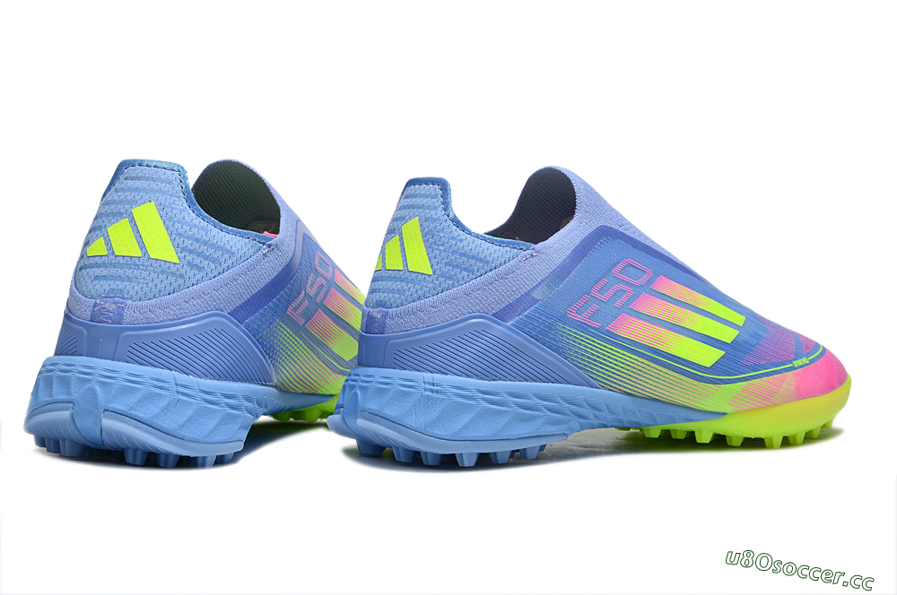 Unisex Adidas F50 Pro Laceless TF Artificial Turf Low-Tops Football Shoes - Blue/Neon Green/Fluorescent Pink 6