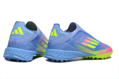 Unisex Adidas F50 Pro Laceless TF Artificial Turf Low-Tops Football Shoes - Blue/Neon Green/Fluorescent Pink