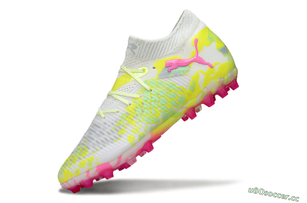 Men's Puma Future 8 Ultimate MG Multi Ground Low-Tops Football Boots - White/Neon Yellow/Pink Sparkle 5