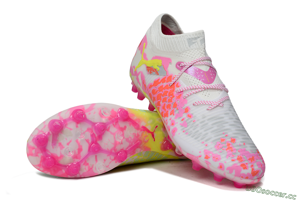 Men's Puma Future 8 Ultimate MG Multi Ground Low-Tops Football Boots - White/Neon Yellow/Pink Sparkle 3