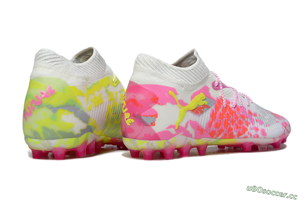 Men's Puma Future 8 Ultimate MG Multi Ground Low-Tops Football Boots - White/Neon Yellow/Pink Sparkle 6