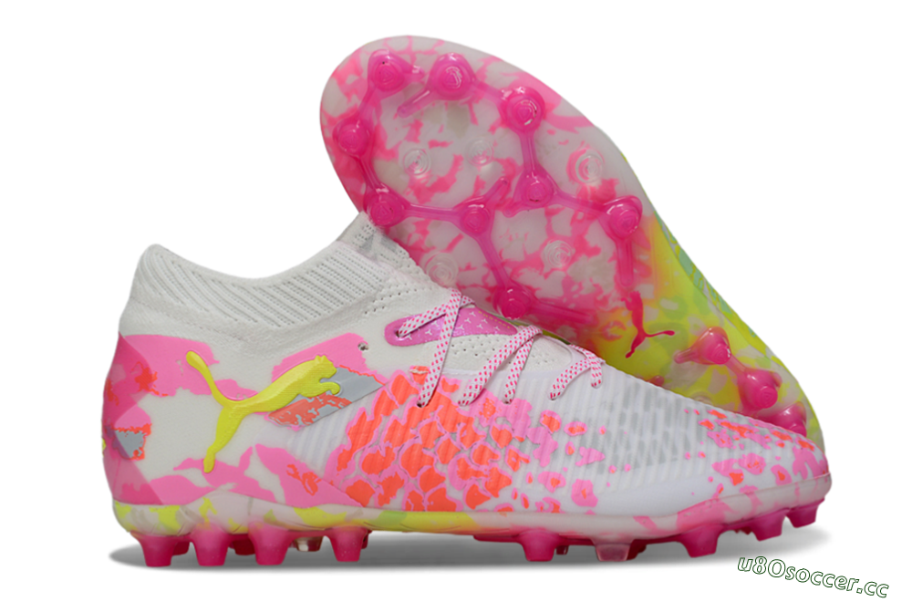 Men's Puma Future 8 Ultimate MG Multi Ground Low-Tops Football Boots - White/Neon Yellow/Pink Sparkle 2