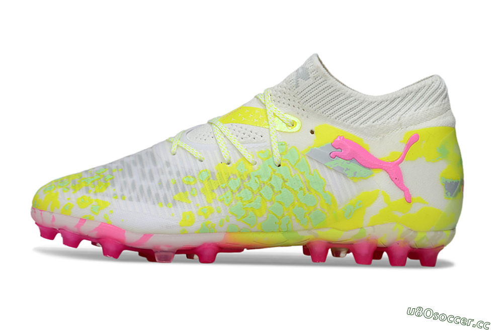Men's Puma Future 8 Ultimate MG Multi Ground Low-Tops Football Boots - White/Neon Yellow/Pink Sparkle 0