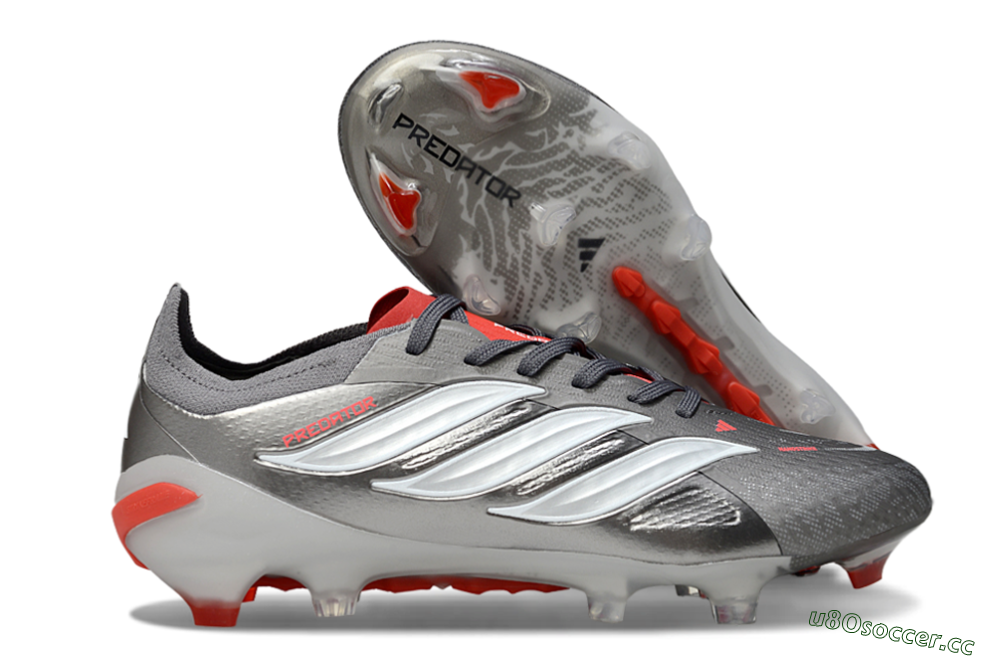 Men's Adidas Predator 25 Elite FG Firm Ground Low-Tops Football Boots - Gray/Fiery Red/Metallic Silver 2