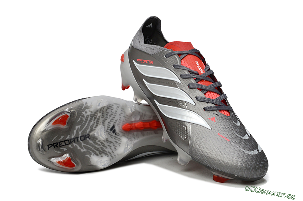 Men's Adidas Predator 25 Elite FG Firm Ground Low-Tops Football Boots - Gray/Fiery Red/Metallic Silver 3