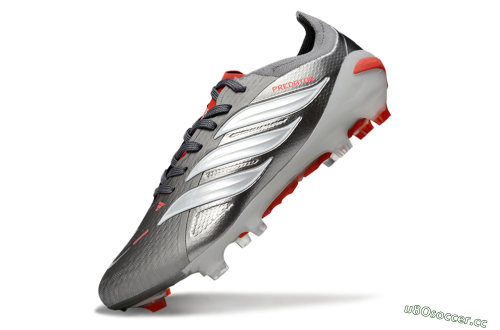 Men's Adidas Predator 25 Elite FG Firm Ground Low-Tops Football Boots - Gray/Fiery Red/Metallic Silver 5