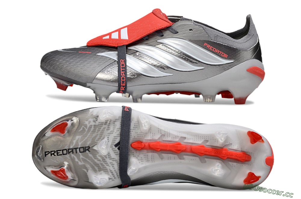Men's Adidas Predator 26 Elite Fold-Over Tongue FG Firm Ground Low-Tops Football Boots - Gray/Bright Red/Metallic Silver 1
