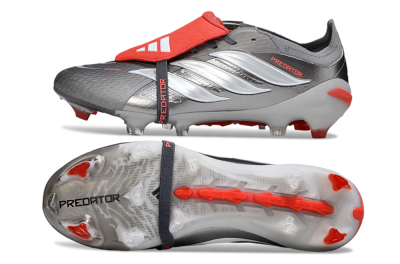 Men's Adidas Predator 26 Elite Fold-Over Tongue FG Firm Ground Low-Tops Football Boots - Gray/Bright Red/Metallic Silver