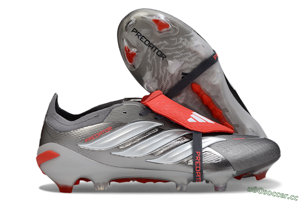 Men's Adidas Predator 26 Elite Fold-Over Tongue FG Firm Ground Low-Tops Football Boots - Gray/Bright Red/Metallic Silver 2