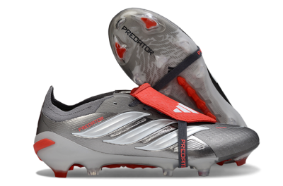 Men's Adidas Predator 26 Elite Fold-Over Tongue FG Firm Ground Low-Tops Football Boots - Gray/Bright Red/Metallic Silver