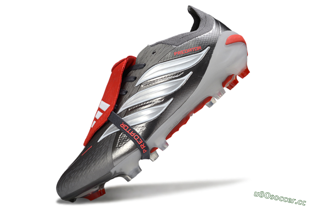 Men's Adidas Predator 26 Elite Fold-Over Tongue FG Firm Ground Low-Tops Football Boots - Gray/Bright Red/Metallic Silver 5