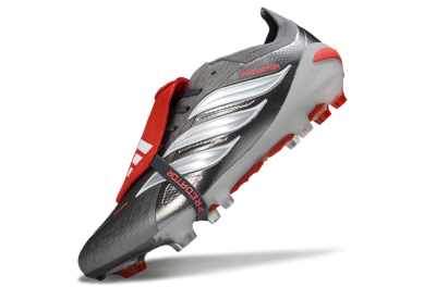Men's Adidas Predator 26 Elite Fold-Over Tongue FG Firm Ground Low-Tops Football Boots - Gray/Bright Red/Metallic Silver