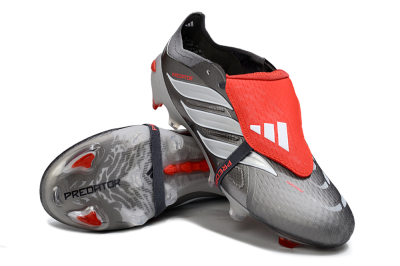 Men's Adidas Predator 26 Elite Fold-Over Tongue FG Firm Ground Low-Tops Football Boots - Gray/Bright Red/Metallic Silver