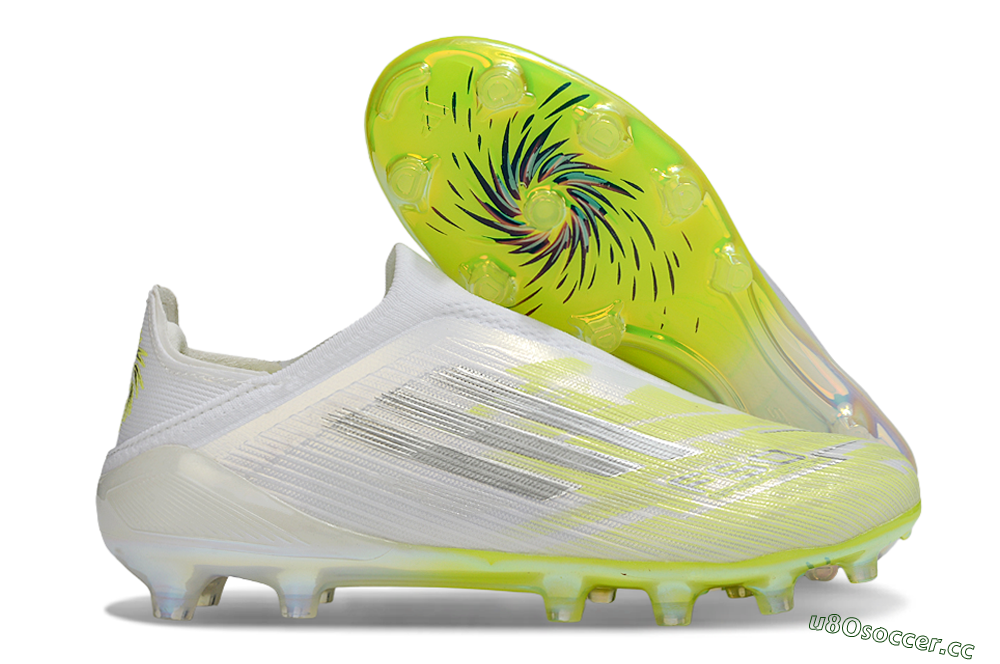 Unisex Adidas F50+ Elite Laceless FG Firm Ground Low-Tops Football Boots - White/Electric Yellow/Iridescent Silver 2