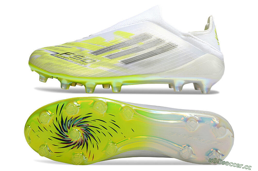Unisex Adidas F50+ Elite Laceless FG Firm Ground Low-Tops Football Boots - White/Electric Yellow/Iridescent Silver 1
