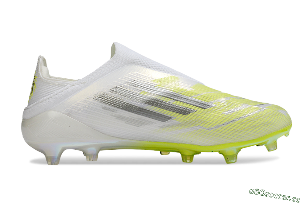 Unisex Adidas F50+ Elite Laceless FG Firm Ground Low-Tops Football Boots - White/Electric Yellow/Iridescent Silver 7
