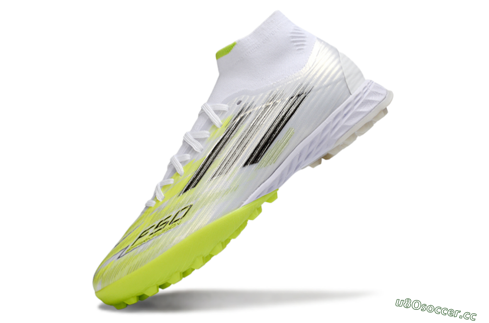 Men's Adidas F50 Pro Mid TF Artificial Turf High-Tops Football Shoes - White/Electric Lime/Neon Yellow 5