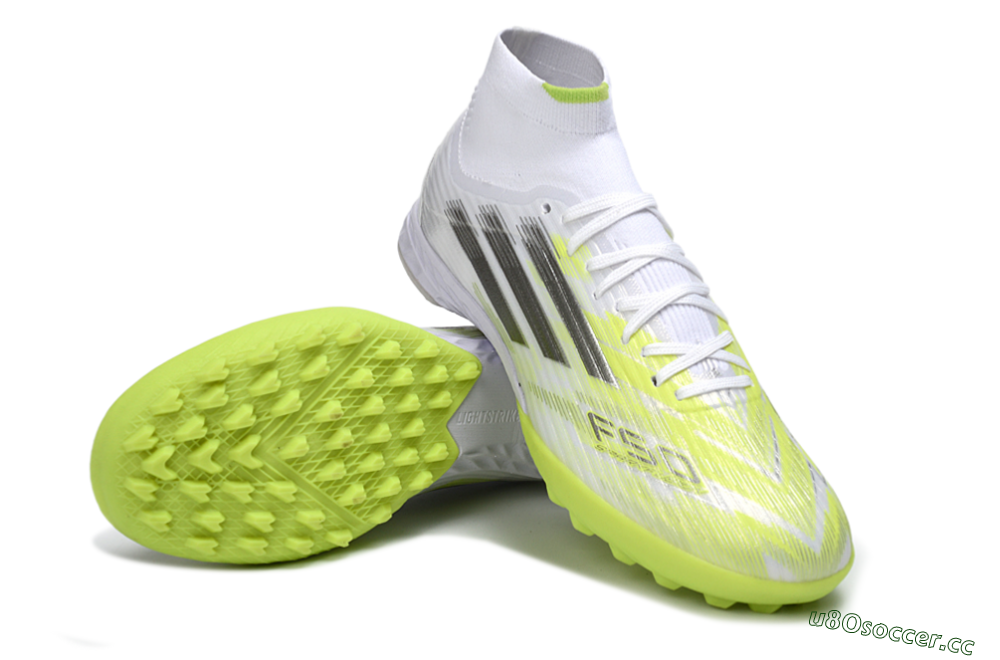 Men's Adidas F50 Pro Mid TF Artificial Turf High-Tops Football Shoes - White/Electric Lime/Neon Yellow 3