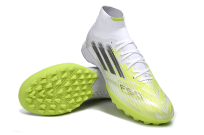 Men's Adidas F50 Pro Mid TF Artificial Turf High-Tops Football Shoes - White/Electric Lime/Neon Yellow