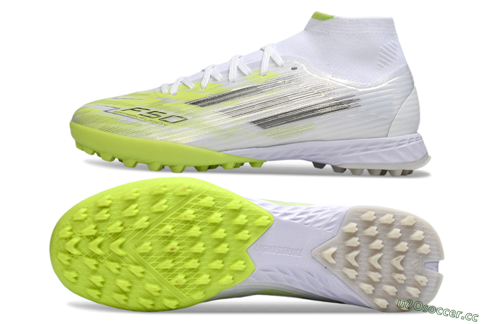 Men's Adidas F50 Pro Mid TF Artificial Turf High-Tops Football Shoes - White/Electric Lime/Neon Yellow 1