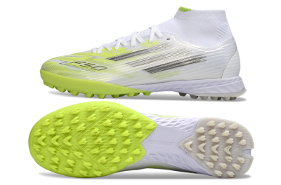 Men's Adidas F50 Pro Mid TF Artificial Turf High-Tops Football Shoes - White/Electric Lime/Neon Yellow