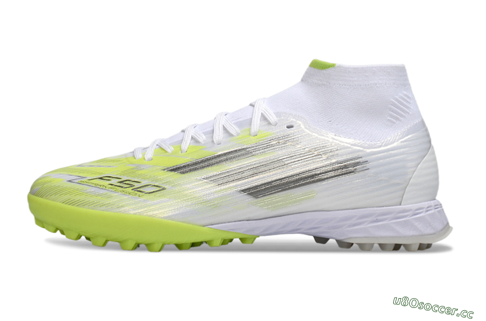 Men's Adidas F50 Pro Mid TF Artificial Turf High-Tops Football Shoes - White/Electric Lime/Neon Yellow 0