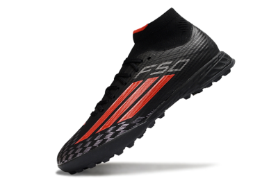 Men's Adidas F50 Pro Mid TF Artificial Turf High-Tops Football Shoes - Black/Fiery Red/Graphite Black