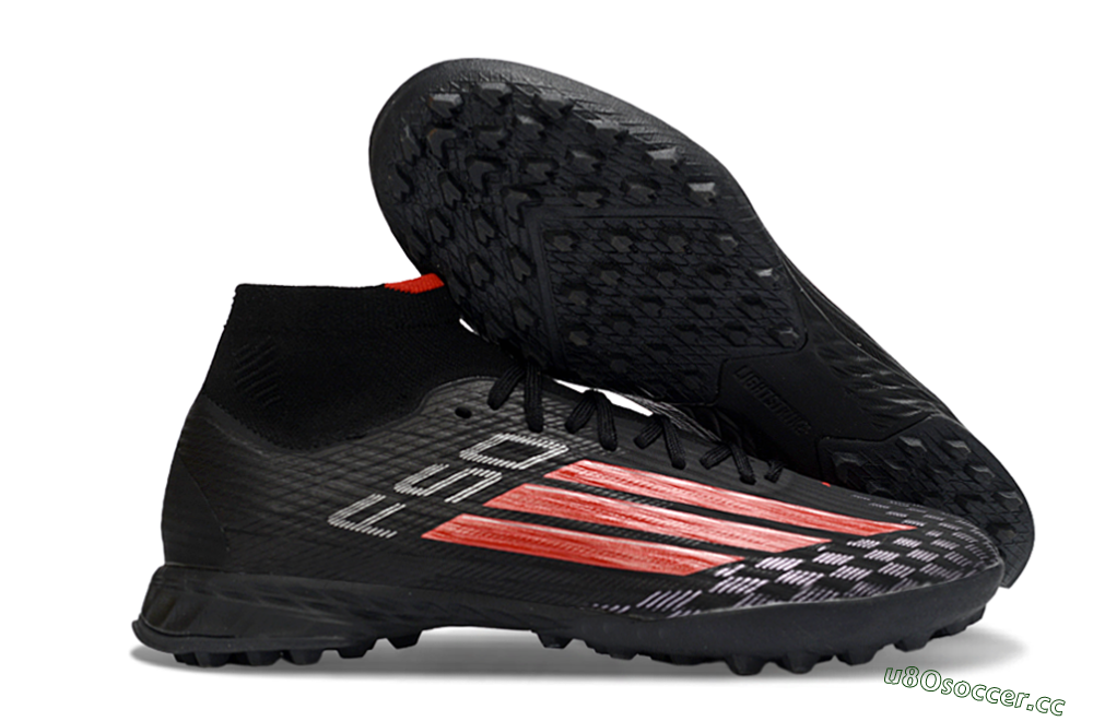 Men's Adidas F50 Pro Mid TF Artificial Turf High-Tops Football Shoes - Black/Fiery Red/Graphite Black 2
