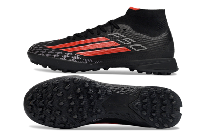 Men's Adidas F50 Pro Mid TF Artificial Turf High-Tops Football Shoes - Black/Fiery Red/Graphite Black
