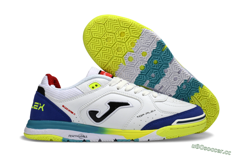 Men's Joma Top Flex IC Indoor & Futsal Low-Tops Football Shoes - White/Electric Yellow/Deep Blue 2