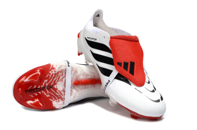 Men's Adidas Predator 26 Elite Fold-Over Tongue FG Firm Ground Low-Tops Football Boots - White/Red Accent/Black Details