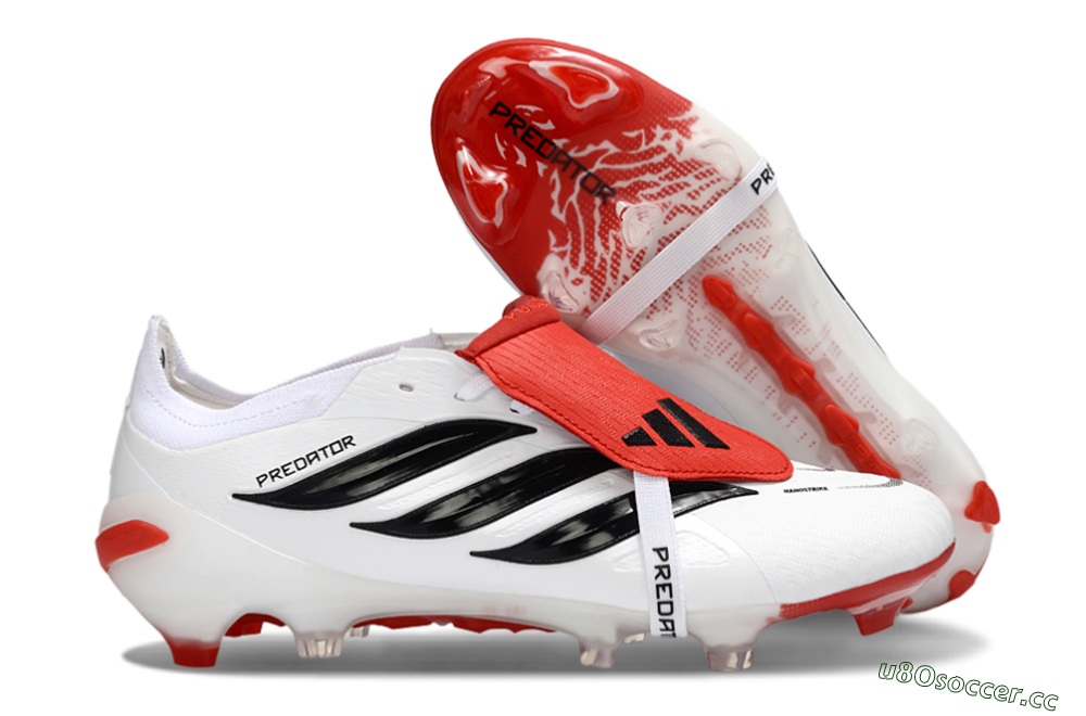 Men's Adidas Predator 26 Elite Fold-Over Tongue FG Firm Ground Low-Tops Football Boots - White/Red Accent/Black Details 2