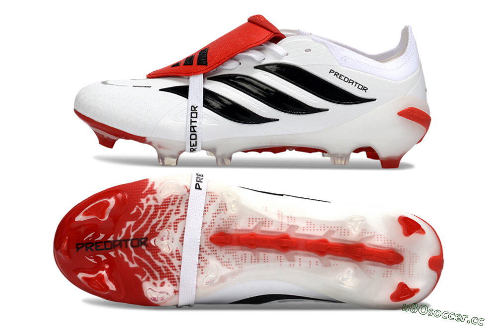 Men's Adidas Predator 26 Elite Fold-Over Tongue FG Firm Ground Low-Tops Football Boots - White/Red Accent/Black Details 1