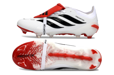Men's Adidas Predator 26 Elite Fold-Over Tongue FG Firm Ground Low-Tops Football Boots - White/Red Accent/Black Details