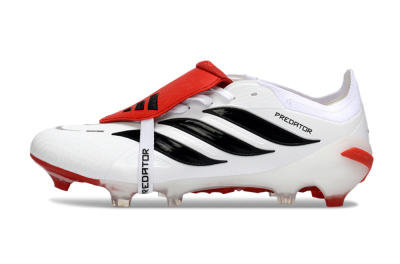 Men's Adidas Predator 26 Elite Fold-Over Tongue FG Firm Ground Low-Tops Football Boots - White/Red Accent/Black Details