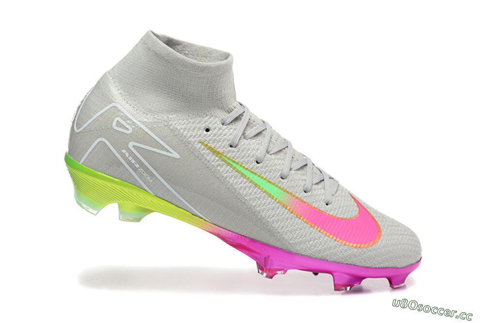 Unisex Nike Air Zoom Mercurial Superfly 10 Elite FG Firm Ground High-Tops Football Boots - Gray/Neon Pink/Neon Green 4