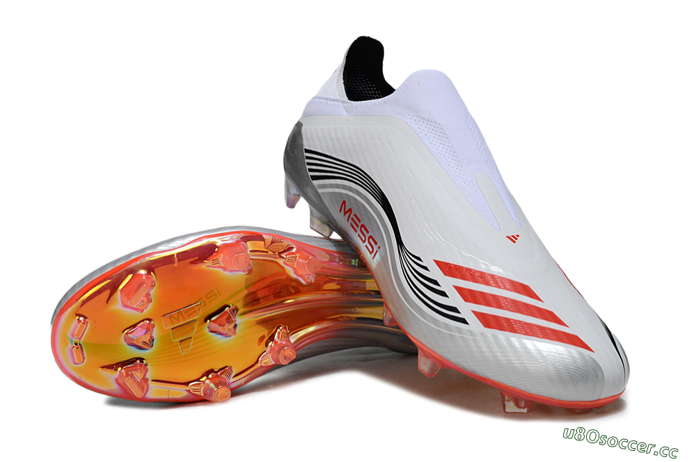 Men's Messi x Adidas F50 Elite Laceless FG Firm Ground Low-Tops Football Boots - White/Red Accent/Silver Shine 3