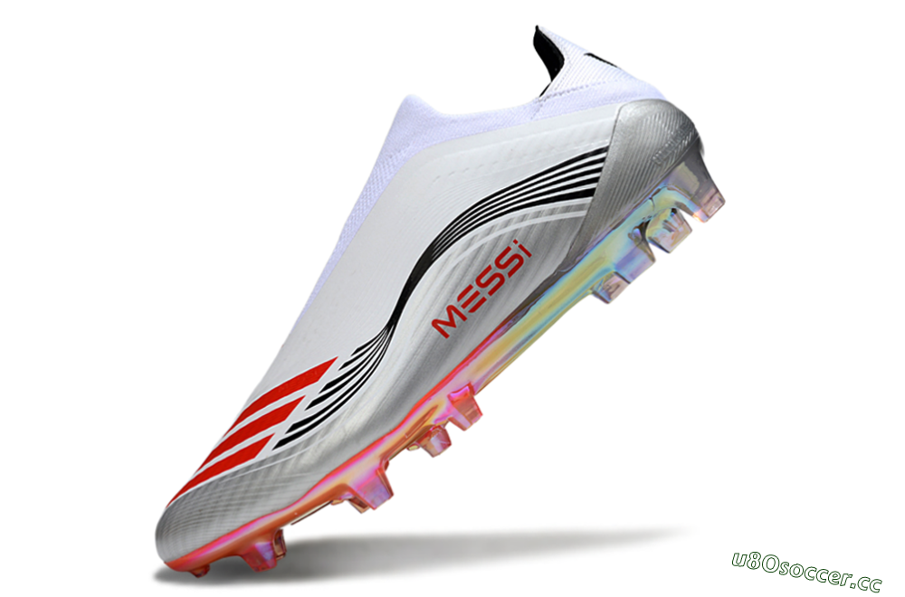 Men's Messi x Adidas F50 Elite Laceless FG Firm Ground Low-Tops Football Boots - White/Red Accent/Silver Shine 5