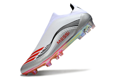 Men's Messi x Adidas F50 Elite Laceless FG Firm Ground Low-Tops Football Boots - White/Red Accent/Silver Shine