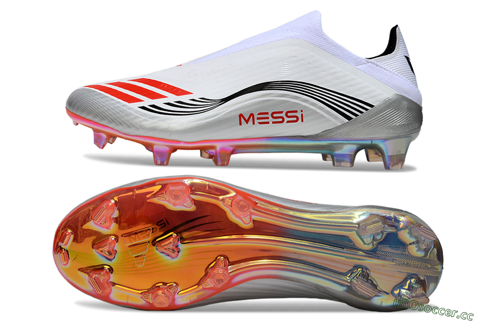 Men's Messi x Adidas F50 Elite Laceless FG Firm Ground Low-Tops Football Boots - White/Red Accent/Silver Shine 1
