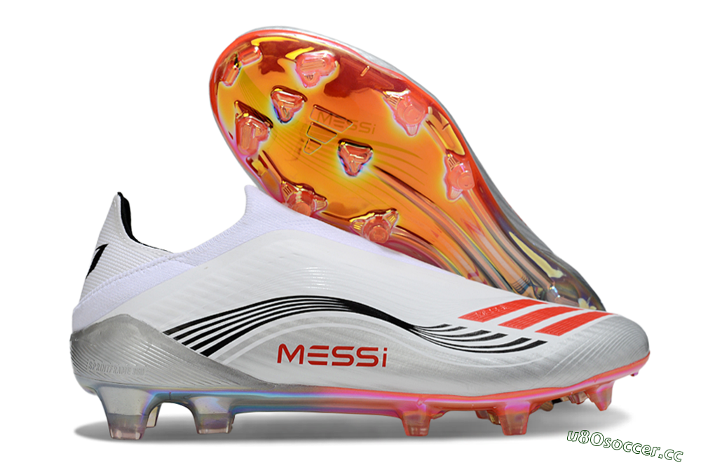 Men's Messi x Adidas F50 Elite Laceless FG Firm Ground Low-Tops Football Boots - White/Red Accent/Silver Shine 2