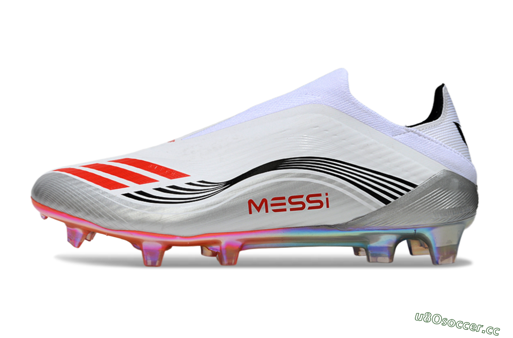 Men's Messi x Adidas F50 Elite Laceless FG Firm Ground Low-Tops Football Boots - White/Red Accent/Silver Shine 0