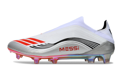 Men's Messi x Adidas F50 Elite Laceless FG Firm Ground Low-Tops Football Boots - White/Red Accent/Silver Shine