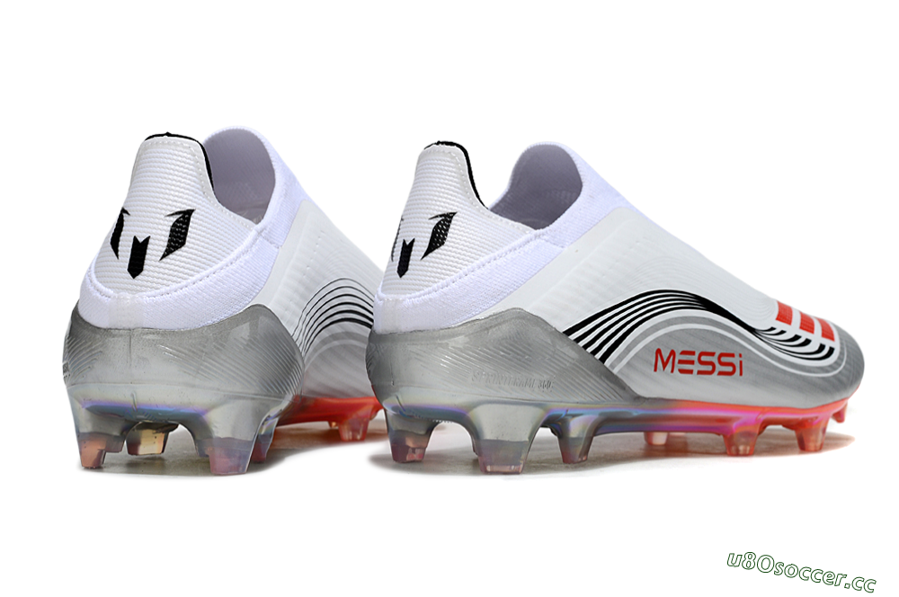 Men's Messi x Adidas F50 Elite Laceless FG Firm Ground Low-Tops Football Boots - White/Red Accent/Silver Shine 6