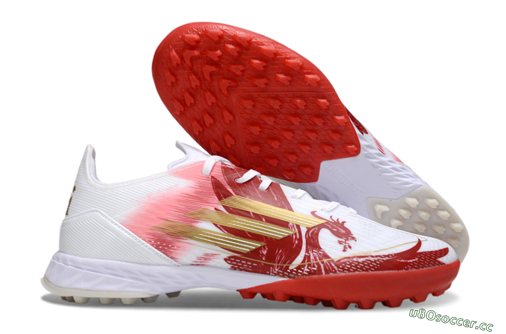 Men's Adidas F50 Pro TF Artificial Turf Low-Tops Football Shoes - White/Scarlet Red/Gold 2