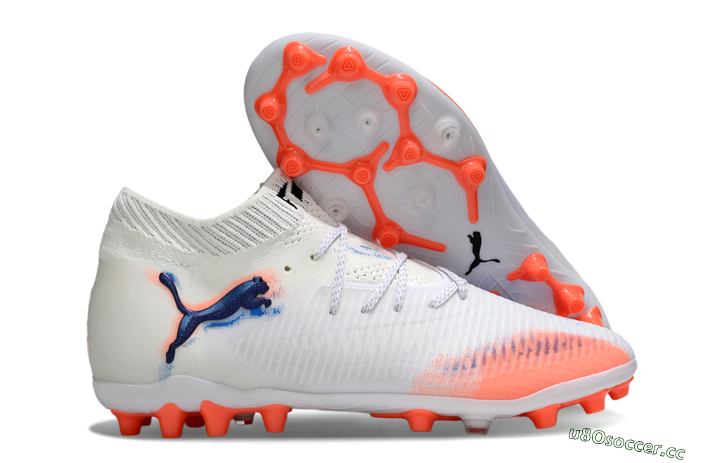 Men's Puma Future 8 Ultimate MG Multi Ground Low-Tops Football Boots - White/Coral Blaze/Black 2